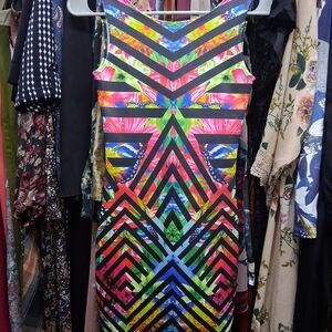 Bold Multi-Color Geometric Midi Dress with Black Stripe Accents